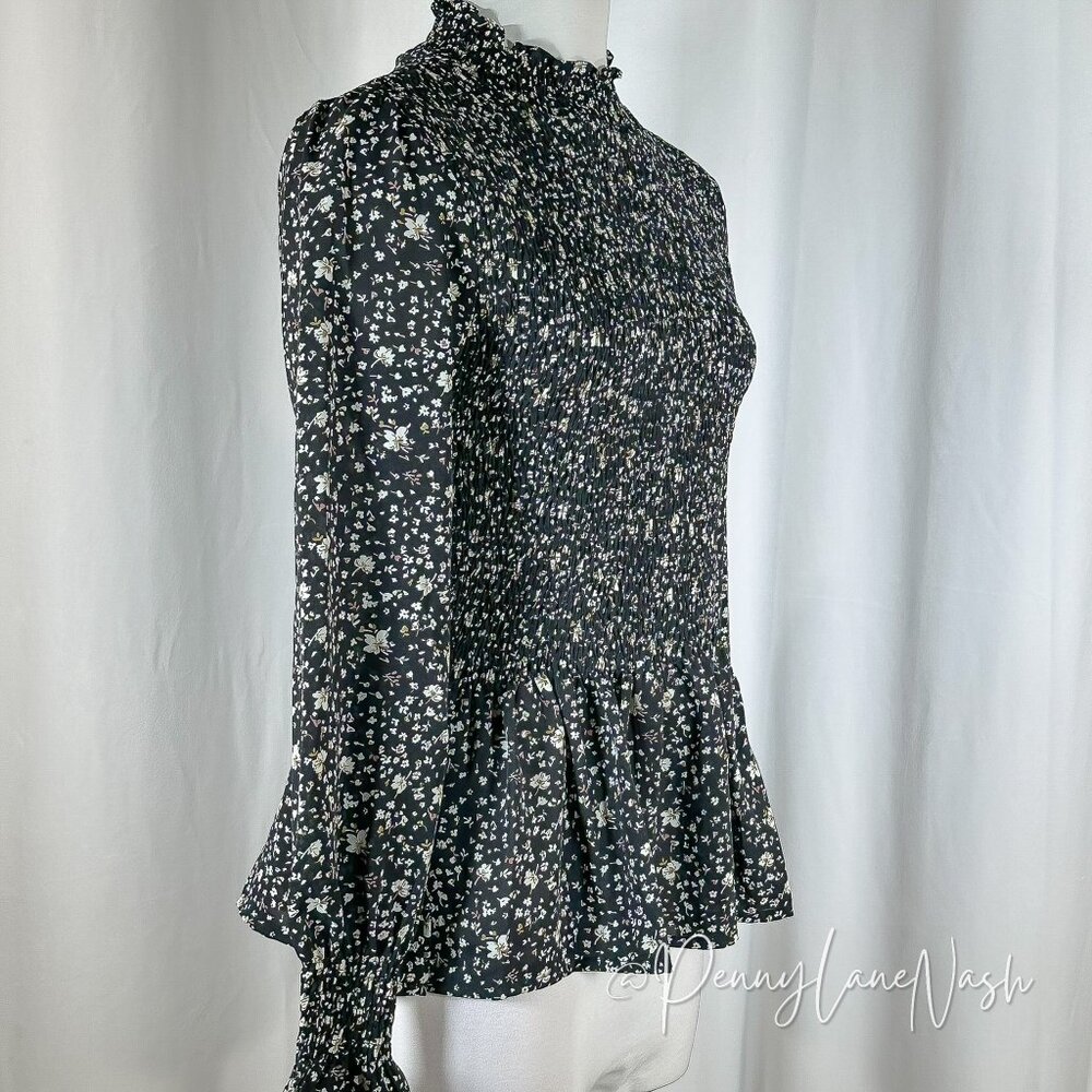 Flawless Floral Smocked Peplum Top Small S Black - Picture 4 of 10